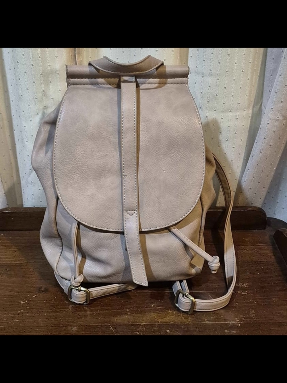 Antik Kraft Taupe Vegan Leather Drawstring Flap Backpack Purse - Excellent Condi